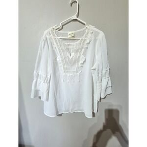 Bedford Fair White Lace Peasant Blouse Ruffle 3/4 Sleeve Crochet Boho Top Large